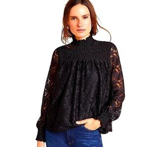 NWOT! Cable & Gauge Black Lace Long-Sleeve Mock Neck Blouse w/Lining. Sz M
